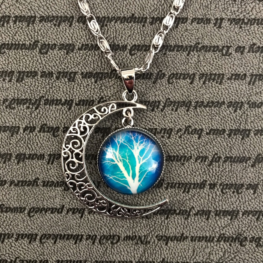 Silver Crescent Moon Blue Cabochon Necklace